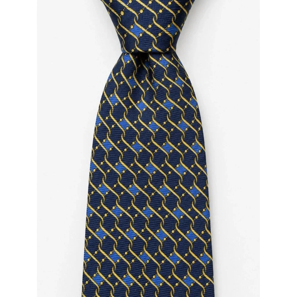 Gianni Versace Navy Gold Medusa Silk Tie Geometric Chain Pattern Italy Necktie